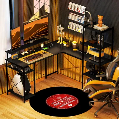 Produktbild von Eckschreibtisch L-Form mit Ladestation, Winkelschreibtisch Computertisch, Spanplatte Stahl Schwarz | 137x140 cm | Monitorständer 14,8 cm | USB + USB-C