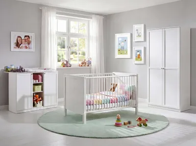 Produktbild von Babyzimmer-Set Kinderzimmer Babybett Wickelkommode Kleiderschrank 90 cm in Weiß / 22801