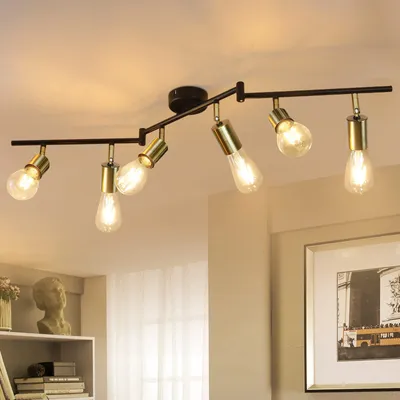 A black track light fixture with six adjustable gold-accented lamps is mounted on a ceiling. Below the fixture, a white shelf holds a bust and books.