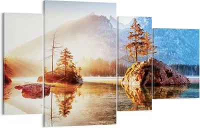 Produktbild von Bild auf Leinwand - Leinwandbild - 4 Teile - Morgendämmerung Berge See - 120x70cm - Wand Bild - Wanddeko - Wandbilder - Leinwanddruck - Bilder - Wanddekoration - Leinwand bilder - DL120x70-4617