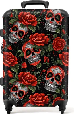 Produktbild von NoBoringSuitcases.com® Großer Koffer - Totenkopf - Rosen - Rot - Blumen - Botanisch - Totenkopf - Totenkopf - Kombinationsschloss TSA - Hartschalen Trolley 4 Rollen - 72 liter - Reisekoffer - 66 cmKoffer Mittelgroß 67x43x25 cm, 72L,
