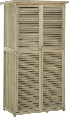 Zdjęcie produktu dla Drewniana szopa narzędziowa Outsunny z dachem asfaltowym i drzwiami żaluzjowymi, 4 przegrody, szara, 87 x 46,5 x 160 cm