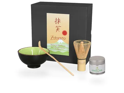 Produktbild von Matcha Set / Matchaset / Matcha Schale 250ml sommergrün mit Besen/Löffel/Tee in Geschenkbox