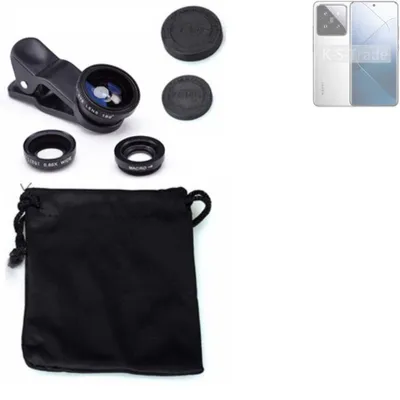 A set of smartphone camera lenses and a storage pouch are displayed on a white background, alongside an image of a smartphone.