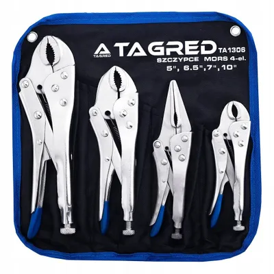 A set of four locking pliers neatly arranged in a black fabric pouch with blue trim.