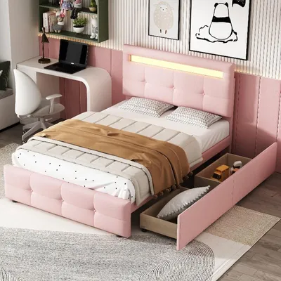 Produktbild von Polsterbett 90x200cm in Rosa mit LED-Beleuchtung, 2 Schubladen, verstellbarem Kopfteil und Lattenrost für Kinderzimmer oder Jugendzimmer