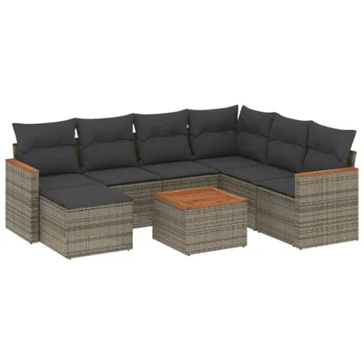 Produktbild von Modulares Garten-Sofa-Set 8-tlg., Poly Rattan Grau, mit Stauraum, Akazienholz-Tischplatte, UV-beständig, inkl. Kissen Dunkelgrau
