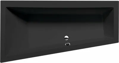 A black bathtub with a drain in the center.