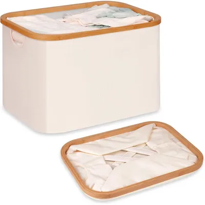 Produktbild von Faltbarer Wäschekorb 50L Beige Bambus Stoff Aufbewahrung Klappbar