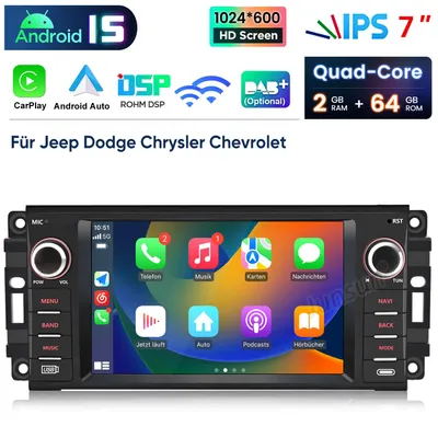 Image de Autoradio Android 15 7 pouces pour Jeep, DODGE, Chrysler et CHEVROLET – 2 Go + 64 Go avec caméra de recul, GPS, Wi-Fi, Bluetooth, DAB+, SWC, USB, DSP et FM