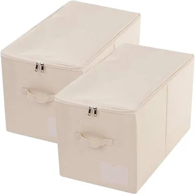 Produktbild von Famanu Aufbewahrungsbox groß - faltbare Stoffaufbewahrungskiste mit Deckel und Griffen - beige - Set von 2 Stück - 56 x 32 x 33 cm
