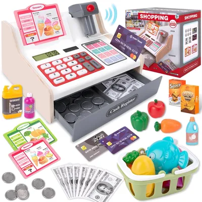 Produktbild von Kassenspielzeug mit Scanner – Spielzeug-Supermarkt – 40 Zubehörteile – Weiß