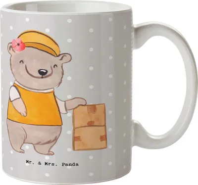 Produktbild von Mr. & Mrs. Panda Trinkbecher Fachlageristin Herz - Grau Pastell - Geschenk, Becher, Kaffeetasse, Tasse, Ausbildung, Umzug, Kaffeepott, Kaffeebecher, cappuccinotasse