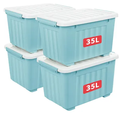 Image de Boîte de rangement de 35 litres, lot de 4, couleur bleue, en plastique, pour bureau