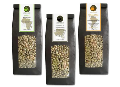 Zdjęcie produktu dla Kawa zielona ziarnista z Kenii, Indii (Robusta), Brazylii, opakowanie ekonomiczne 3 x 500 g