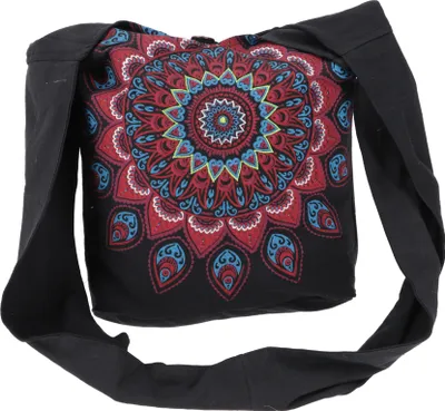 Produktbild von Bestickte Boho Tasche, Schulterbeutel mit Mandala, Nepalbeutel - Schwarz/rot, Uni - Erwachsene, Baumwolle, 33*37*20 cm, Alternative Umhängetasche, Handtasche aus Stoff
