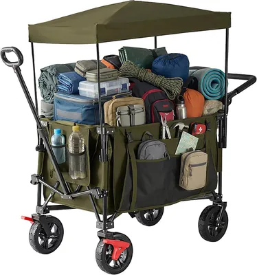 Productafbeelding van Bolderkar - Opvouwbaar - 150 kg - Dak - Telescoop - Duwgreep - Rubberen wielen met rem - Groen 131x54x97 cm