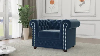 Produktbild von S-STYLE MÖBEL - Nox - Chesterfield Sessel aus Marineblau Samt-Stoff mit Holzfüßen, B/T/H: 94 cm / 86 cm / 72 cm