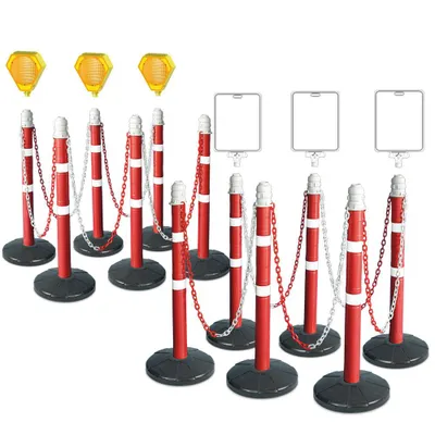 Produktbild von Kettenpfosten-Set, 12 Kettenständer, 22 m Kette, 3x Solar-Blinklampe, 3x neutrale Infotafel für Kettenständer-Set