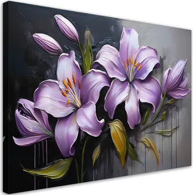 Produktbild von Leinwandbild Lilienblüten Lila gemalte 90x60 Feeby Violett bild für die wand bereit zum aufhängen