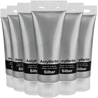 Produktbild von Acrylfarbe 6 Tuben Malfarbe Acrylfarben Künstlerfarbe Farben + Pinsel Silber