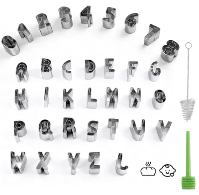 Image de Lot de 35 emporte-pièces en acier inoxydable en forme de lettres et de chiffres pour biscuits et pâte à sucre, avec brosse de nettoyage et outil pour démouler.