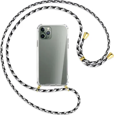 Produktbild von Handykette Backcover-Schutzhülle mit Band (Metall goldfarben) für Apple iPhone 11 Pro - schwarz/grau/weiß