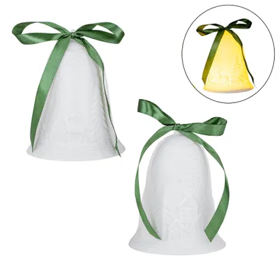 Produktbild von 2er Set LED Glocke Weiß H14cm Porzellan Tischdeko Winterwald Weihnachtsdeko Dekoleuchte