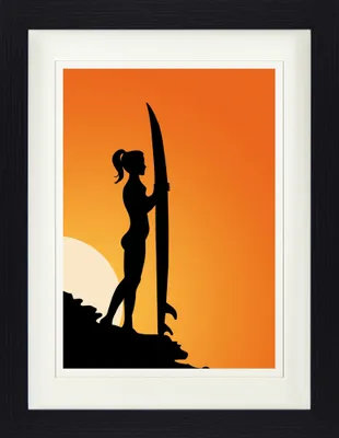 Produktbild von Schöne Frauen Gerahmtes Bild Mit Edlem Passepartout | Wand-Bilder | Im Bilderrahmen - Surferin Silhouette Bei Sonnenuntergang (40 x 30 cm)