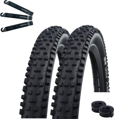 Produktbild von 2 x Faltreifen SCHWALBE Nobby Nic ADDIX Performance Fahrradmantel 70-584 (27,5 x 2,80) + 2 Schwalbe Schlauch SV21F inkl. maxxi4you Reifenheber