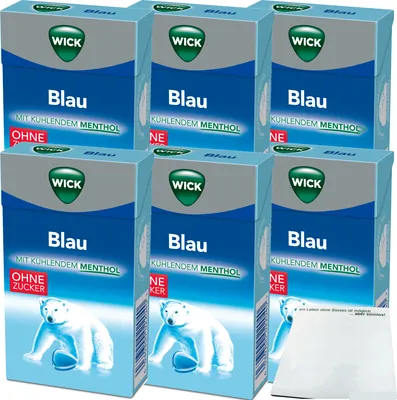 Produktbild von Wick Blau Menthol Halsbonbon ohne Zucker 6er Pack (6x46g Packung) + usy Block