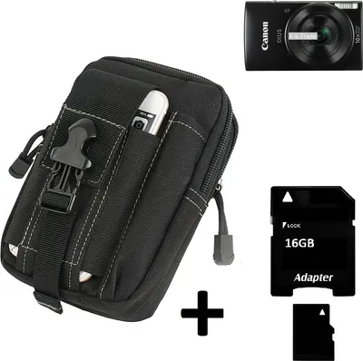 Produktbild von Kompatibel mit Canon IXUS 190 Gürteltasche / Holster schwarz Schutz Hülle Kameratasche Fototasche Case Bag + 16 GB Memorycard Extrafächer,