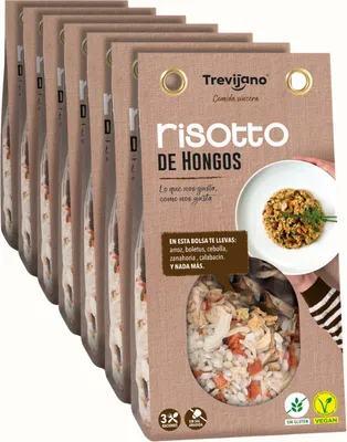 Produktbild von Trevijano Risotto aus Pilzen: Mischung für Risotto. Nur dehydrierte pflanzliche Zutaten: Reis, getrockneter Steinpilz, Zwiebeln, Karotten, Zucchini