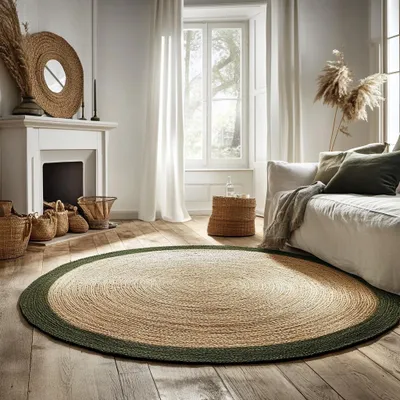 Obrázek produktu pro Kulatý jutový koberec Mrcarpet nature/green s barevným okrajem 120cm