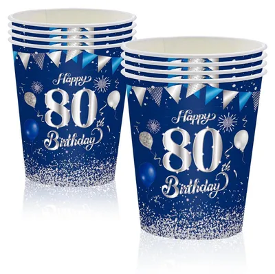 Obrázok produktu pre Poháre na jedno použitie, 80. narodeniny, 16 kusov, modrá/strieborná, objem 250 ml