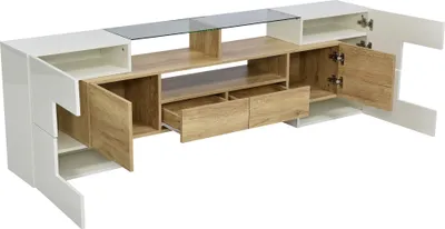 Image de Sweiko Meuble TV élégant, lowboard.blanc brillant, 200 cm, éclairage LED, meuble de salon. design moderne. surface en verre élégante.