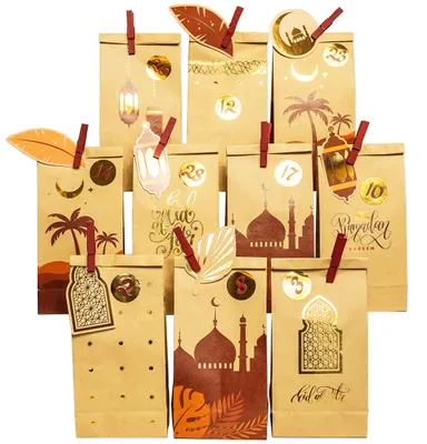 Zdjęcie produktu dla Kalendarz ramadanowy DIY z papierowych lampionów – dla dzieci i dorosłych – drukowane papierowe torebki z kraftu w kolorach brązowym i złotym – do postawienia i dekoracji – "Eid Mubarak" – wielokrotnego użytku – zestaw 3 sztuk
