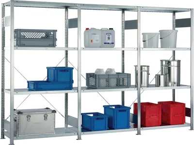A metal shelving unit filled with various storage containers.