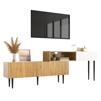 Produktbild von Moderner TV-Schrank mit verstellbarer Länge, Modulares 2-teiliges Design,Holzoptik+Weiß matt,Schwarze Metallbeine,Multifunktionales Wohnzimmermöbel