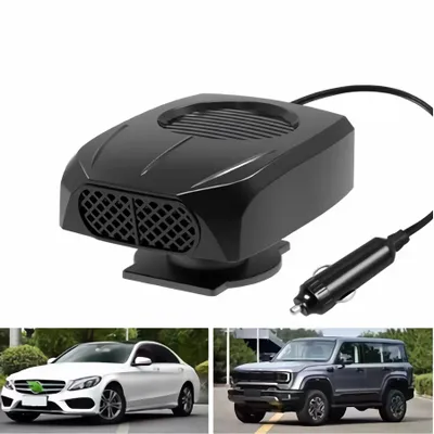 A collage showing a car heater/defroster, a white car, and a gray SUV.