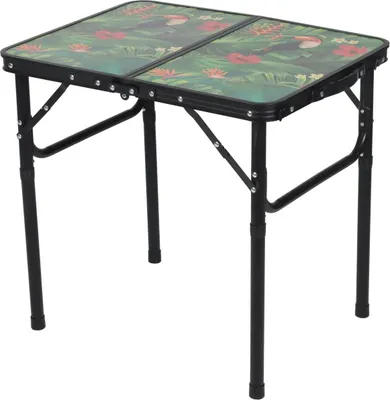 A folding table with a tropical print on a white background.