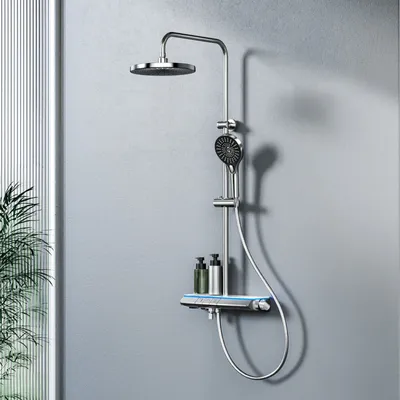 Zdjęcie produktu dla System prysznicowy EMKE® z termostatem 38℃ z oświetleniem LED Deszczownica z 3 rodzajami strumienia Główka prysznicowa + deszczownica + dolna wylewka, chrom