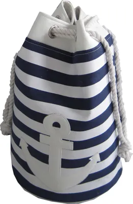 A nautical-themed laundry bag with navy blue and white stripes and a white anchor emblem.