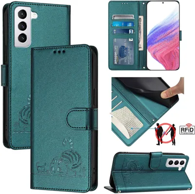 Produktbild von Leder Hülle für Samsung Galaxy S21 5G Süße Katze Flip Case Brieftasche Schutzhülle mit Standfunktion Grün