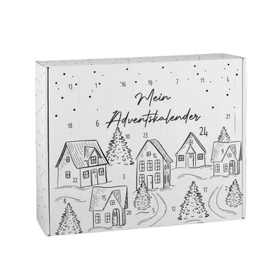 A white cardboard box with a line art illustration of a winter village and the text 'Mein Adventskalender'.