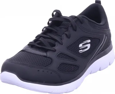 A black Skechers sports shoe with a white sole is shown against a white background.