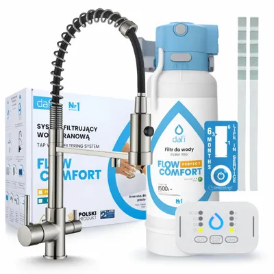 Immagine prodotto di Rubinetto da cucina a tre vie, modello Solid Spring, in acciaio inossidabile, con doccetta estraibile. Il set include il sistema di filtraggio dell'acqua Dafi D1 e l'unità di installazione sottolavello