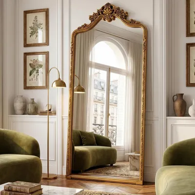 Image de Miroir mural complet, 180x80 cm, style rétro, cadre doré en polyuréthane, miroir HD, miroir sur pied