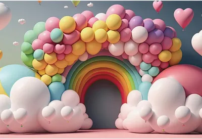 Productafbeelding van Fotografieachtergrond, regenboogboog met ballonnen, 220x150 cm, voor feesten