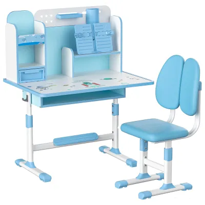 Produktbild von 2-teiliges Kinder-Schreibtisch-Stuhl-Set, höhenverstellbarer Kinder-Schreibtisch-Stuhl mit Sitzkorrektur, ergonomischer Schreibtischstuhl mit Buchablage, Fußpedal und Trennwand